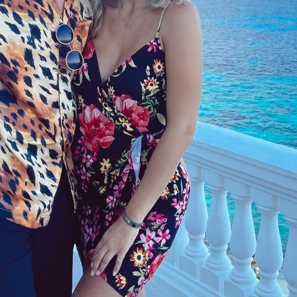 Black floral wrap dress